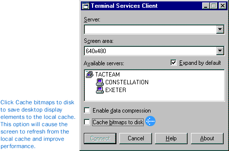 Click Cache bitmaps to disk to save desktop display elements to the local cache.
